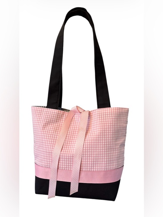 Handmade Handbags - Pink Gingham Tote Bag. Black Straps. Ribbon Accent.  Lined. Snap Closure. SKU 30